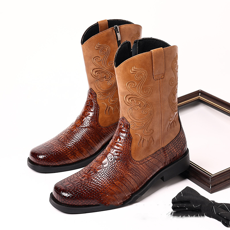 Men Shoes Classic - Leren westernlaarzen voor heren met krokodillenprint,