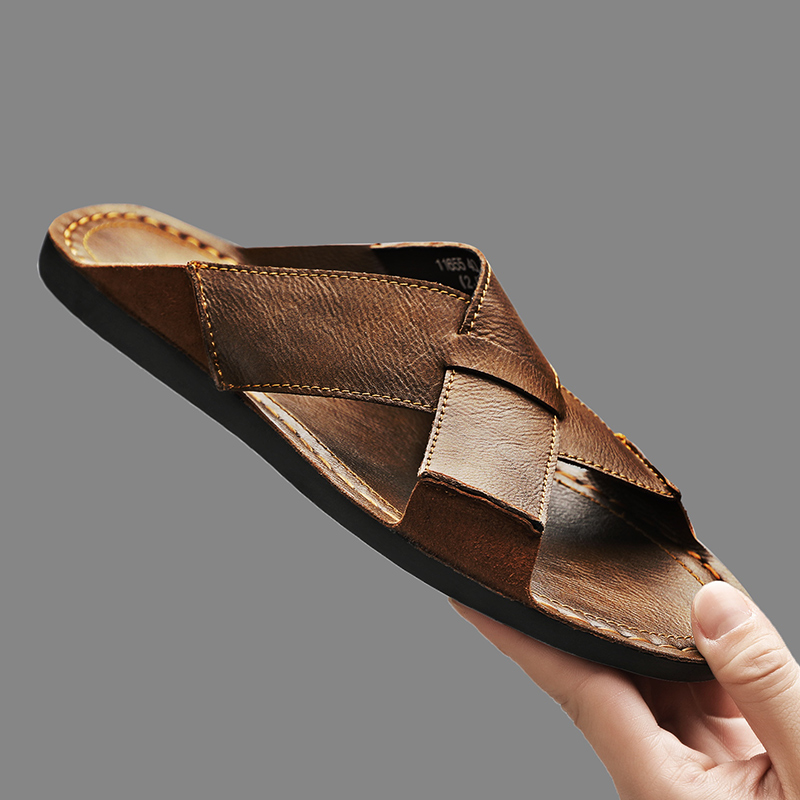 Men'S Shoes Temu - Mode Echt Leer Mannen Slippers Zomer